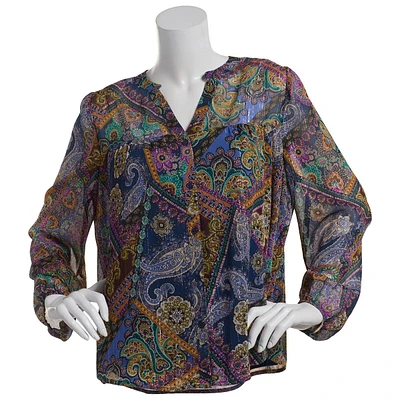 Plus Size Floral & Ivy Long Sleeve Paisley Patch Button Blouse