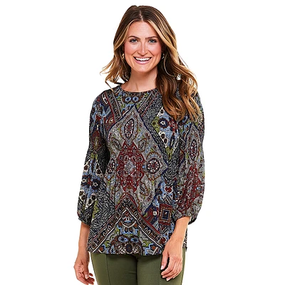 Women Floral & Ivy 3/4/ Sleeve Patchwork Pleated Blouse