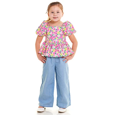 Girls (4-6x) BTween(R) Puff Sleeve Top/ Wide Leg Chambray Pants Set