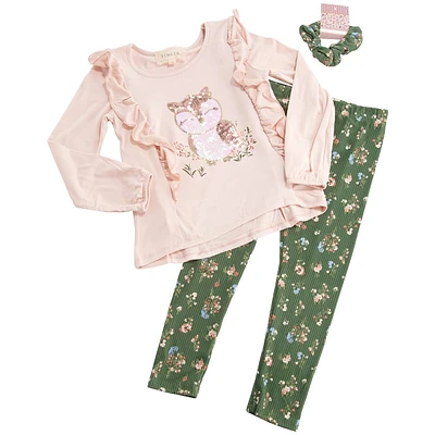 Girls (4-6x) BTween(R) Sequin Owl Ruffle Top & Floral Leggings Set