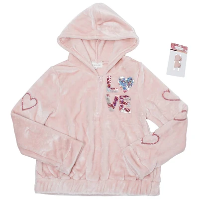 Girls (7-12) BTween(R) Velour Quarter Zip Love Sequin Hoodie