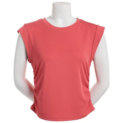 Juniors Pink Rose Cap Sleeve Ribbed Ruched Tee