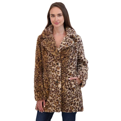 Womens Sebby Crushed Faux Fur Leopard Peacoat w/Notch Collar