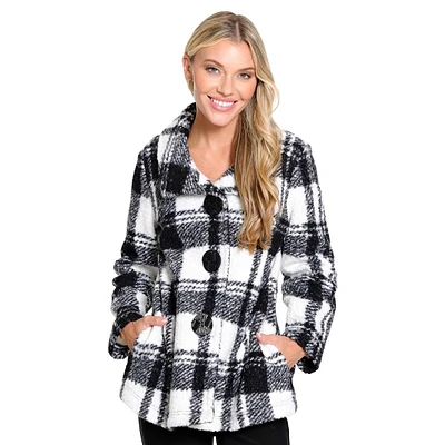 Womens Ali Miles 3/4 Sleeve Boucle Button Front Plaid Jacket