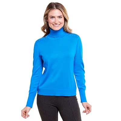 Womens Retrology Pull Over Zipper Shoulder Turtleneck Sweater