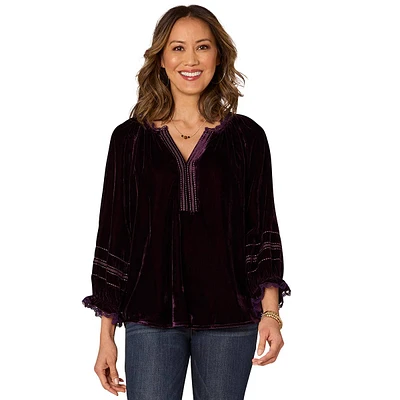 Petite Democracy 3/4 Blouson Sleeve Split Neck Embroidered Blouse