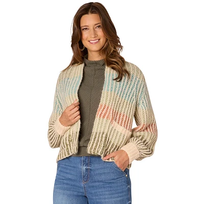 Womens Democracy Long Blouson Sleeve Stripe Open Cardigan