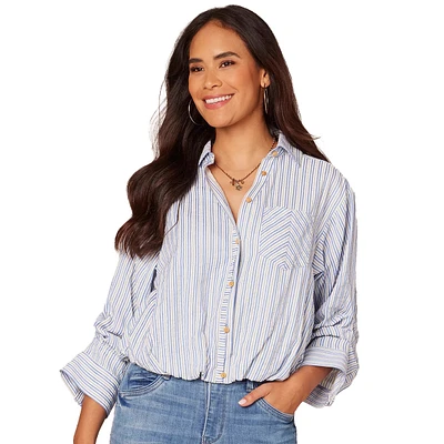 Womens Democracy 3/4 Sleeve Collar Stripe Casual Button Down