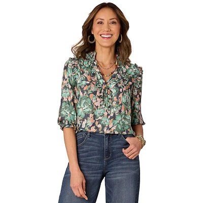 Plus Size Democracy 3/4 Sleeve Ruched Ruffle Floral Blouse