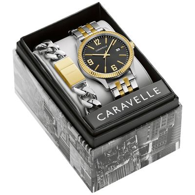 Mens Caravelle Two-Tone Black Dial Watch Box Set-45K000