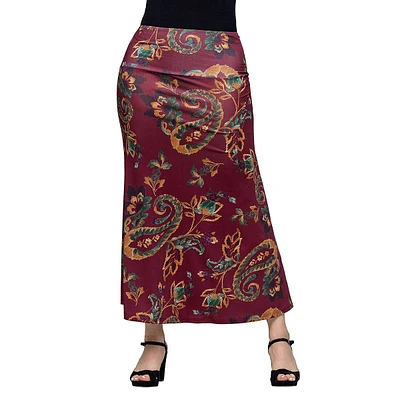 Womens 24/7 Comfort Apparel Wine Paisley A-Line Maxi Skirt