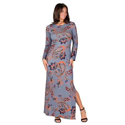 Womens 24/7 Comfort Apparel Grey Paisley Side Slit Maxi Dress