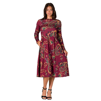 Womens 24/7 Comfort Apparel Wine Paisley Midi Pocket Dress