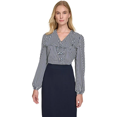 Womens Tommy Hilifger Long Sleeve Pinstripe Ruffle Front Blouse