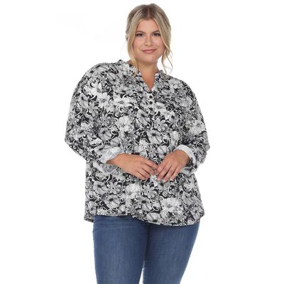 Plus White Mark Pleated Long Sleeve Floral Blouse