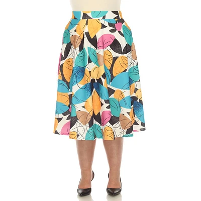 Plus Size White Mark Leaf Print Flared Midi Skirt