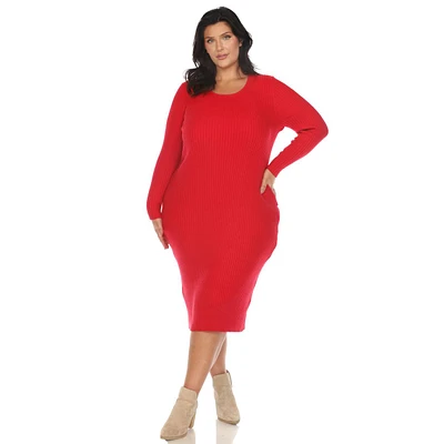 Plus Size White Mark Long Sleeve Rib Midi Sweater Dress