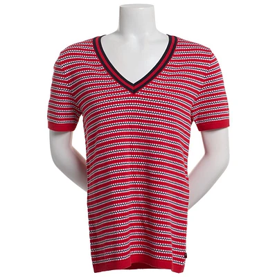 Womens Tommy Hilfiger Short Sleeve V-Neck Striped Sweater