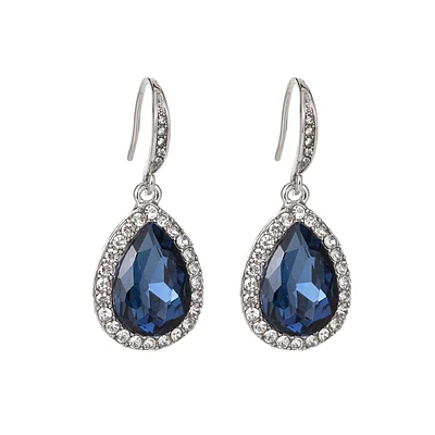 Roman Silver-Tone Halo Teardrop Sapphire Drop Earrings