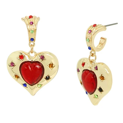 Steve Madden Stone Heart Charm Hoop Drop Earrings