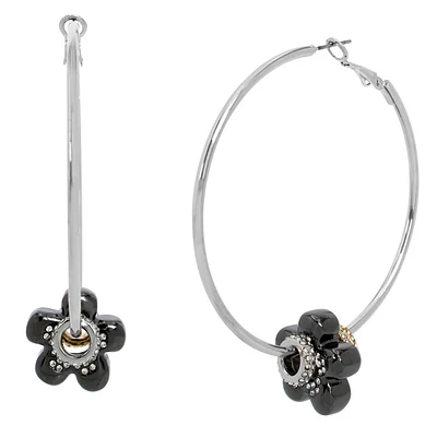 Steve Madden Black Puffy Flower Charm on Silver Hoop Earrings