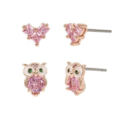 Betsey Johnson 2pr. Pink CZ Owl & Heart Stud Earrings Set