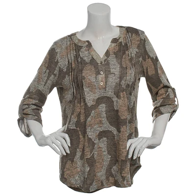 Womens Notations 3/4 Sleeve Camo Pintuck Blouse