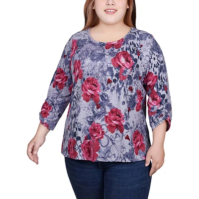 Plus NY Collection Ruched Sleeve Floral Brushed Blouse