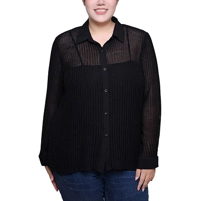 Plus Size NY Collection Long Sleeve Open Stitch Button Sweater