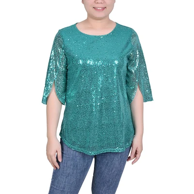 Plus Size NY Collection Split Sleeve Scoop Neck Sequin Blouse