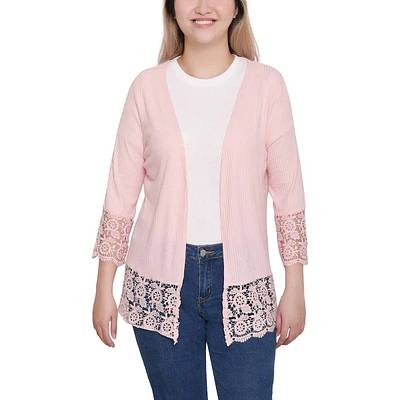 Petite NY Collection 3/4 Sleeve Crochet Lace Open Front Cardigan