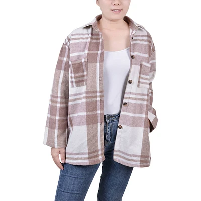 Petite NY Collection Long Sleeve Twill Plaid Shacket - Tan