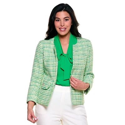 Womens Kasper Long Sleeve Open Tweed Fringe Flap Pocket Jacket