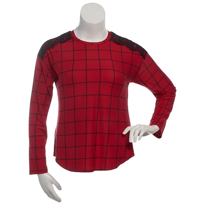 Womens Inner Circle Double Pane Lace Shoulder Red Check Tee