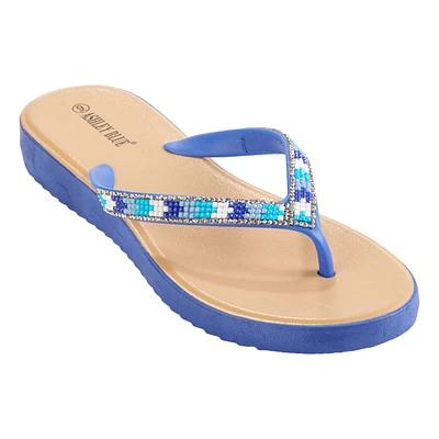 Womens Ashley Blue Beaded Rhinestone Flip Flops