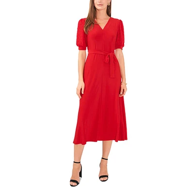 Womens MSK Elbow Puff Sleeve V-Neck Midi Dress