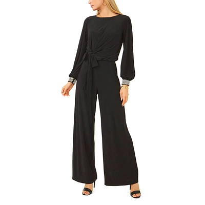 Petite MSK Long Sleeve Rhinstone Cuff Tie Waist Jumpsuit