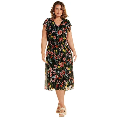 Plus Size MSK Flutter Sleeve V Neck Floral Chiffon Midi Dress