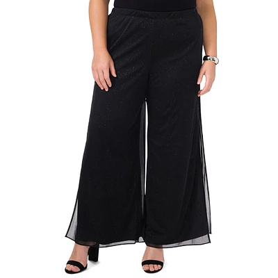 Plus Size Glitter Mesh High Side Slit Palazzo Pants