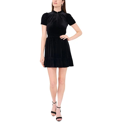 Petite MSK Elbow Puff Sleeve Velvet Keyhole Fit & Flare Dress