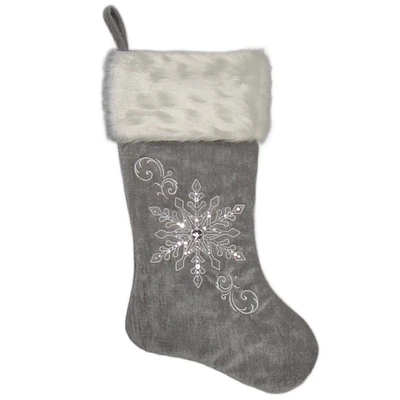 20in. Grey Velvet Stocking with White Plush Cuff