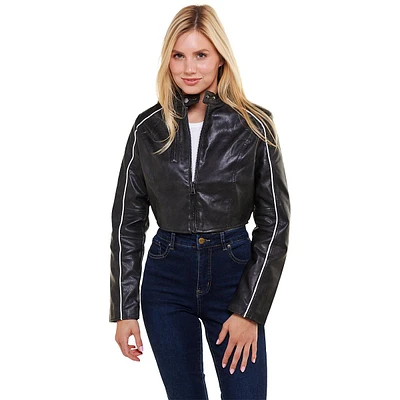 Juniors Love Tree Tipped Vegan Leather Moto Jacket