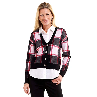 Womens Ninety Clothing Long Sleeve Plaid Button Two In One Top