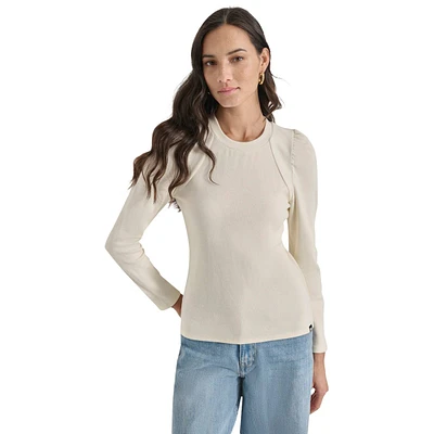 Womens DKNY Long Puff Sleeve Crew Neck Ribbed Sweater