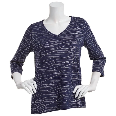 Womens Emily Daniels 3/4 Sleeve Abstract V-Neck Foil Line Tee