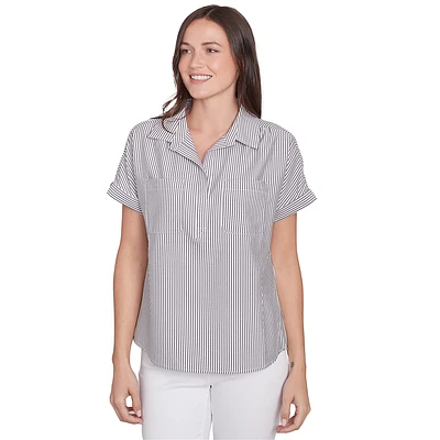 Petite Hearts of Palm In Black & White Collared Stripe Blouse