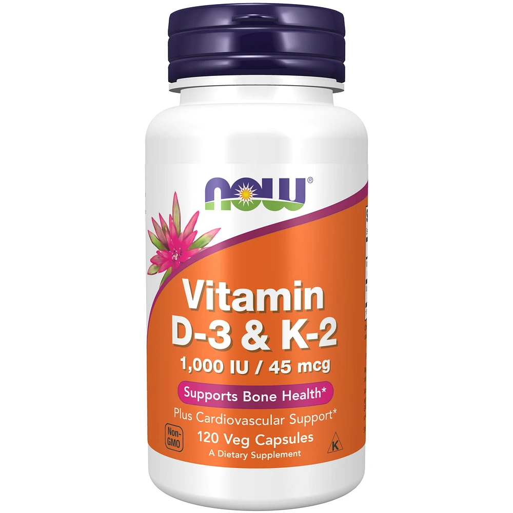 Vitamin D-3 & K-2, 1000 IU/45 mcg, Plus Cardiovascular Support*, Supports Bone Health*, 120 Veg Capsules