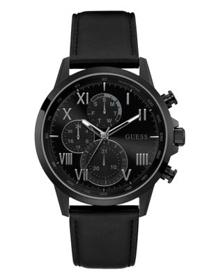 Black-Tone And Black Leather Chronographic Watch