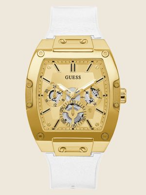 Gold-Tone and White Rectangular Multifunction Watch