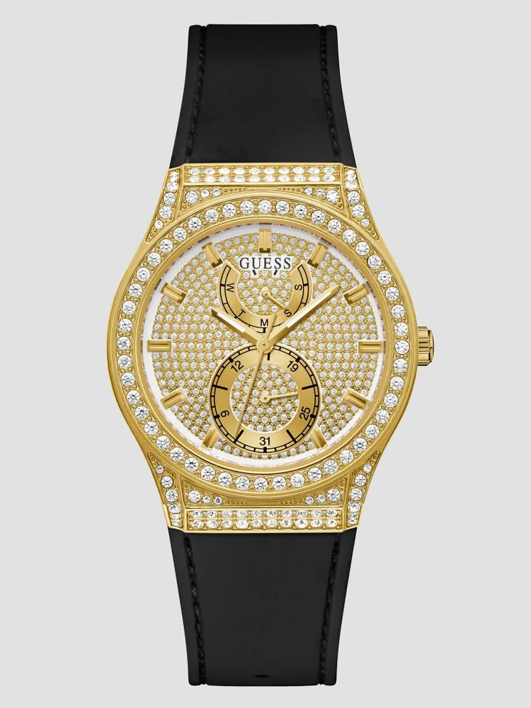 Crystal Gold-Tone and Black Silicone Multifunction Watch